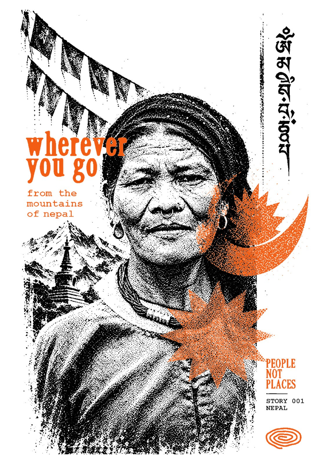 Story 001 Nepal artwork, featuring a portrait photographed by Josh Kim, mountain scenery and orange Nepali flag motifs.